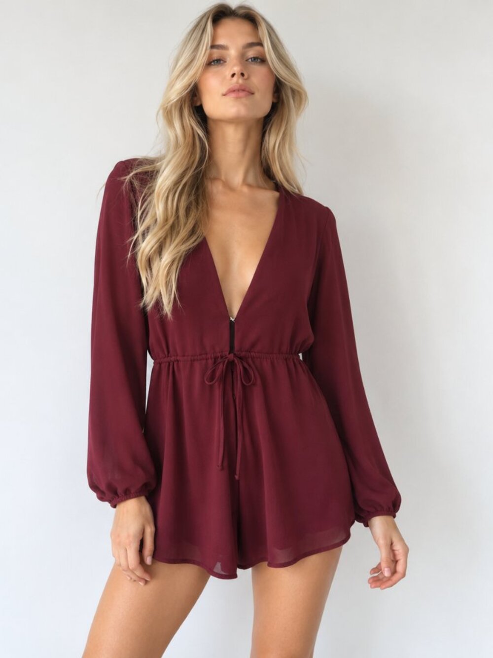 Show Me Your Mumu Burgundy Deep V Long Sleeve Drawstring Romper Playsuit XS